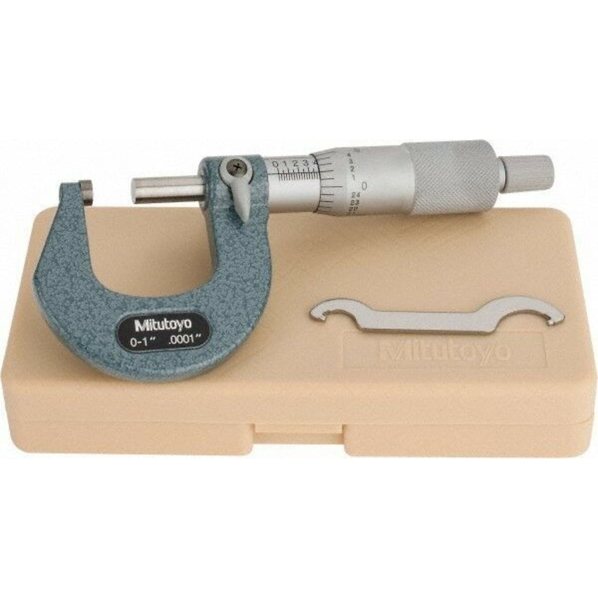 Mitutoyo Mechanical Outside Micrometer - 0-1in., .0001in., Ratchet Stop, Angle Frame, Model# 103-260